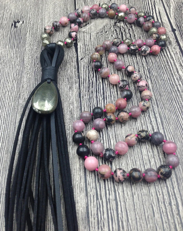 Pyrite Teardrop Pendant Tassel Necklace Rhodochrosite Stone Beads