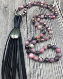 Pyrite Teardrop Pendant Tassel Necklace Rhodochrosite Stone Beads