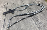 Hematite Cross Stone Beads Necklace 50x33mm, Choose Length 18, 24, 30in