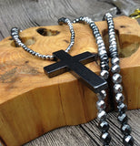 Hematite Cross Stone Beads Necklace 50x33mm, Choose Length 18, 24, 30in
