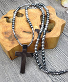 Hematite Cross Stone Beads Necklace 50x33mm, Choose Length 18, 24, 30in
