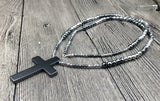 Hematite Cross Stone Beads Necklace 50x33mm, Choose Length 18, 24, 30in