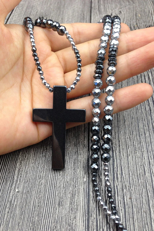 Hematite Cross Stone Beads Necklace 50x33mm, Choose Length 18, 24, 30in