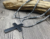 Hematite Cross Stone Beads Necklace 50x33mm, Choose Length 18, 24, 30in