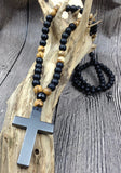 Hematite Cross Agat Picture Stone 8mm Beads Necklace 30 inches