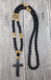 Hematite Cross Agat Picture Stone 8mm Beads Necklace 30 inches