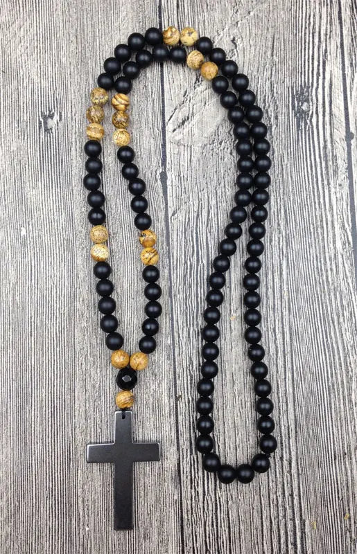 Hematite Cross Agat Picture Stone 8mm Beads Necklace 30 inches