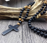 Hematite Cross Agat Picture Stone 8mm Beads Necklace 30 inches