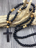 Hematite Cross Agat Picture Stone 8mm Beads Necklace 30 inches
