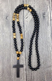 Hematite Cross Agat Picture Stone 8mm Beads Necklace 30 inches