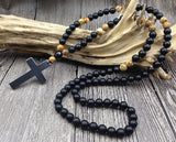 Hematite Cross Agat Picture Stone 8mm Beads Necklace 30 inches