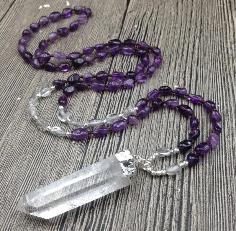 Rough Quartz Pendant Amethysts Nuggets Beads Knot Necklace