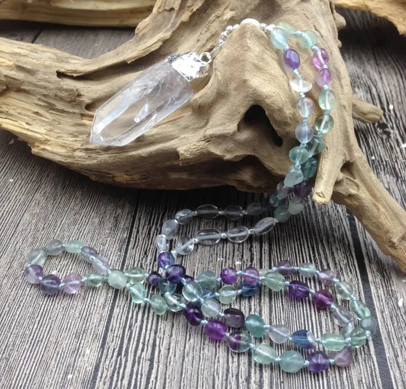 Rough Quartz Pendant Fluorites Nuggets Beads Knot Necklace