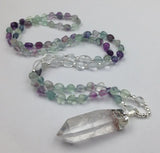 Rough Quartz Pendant Fluorites Nuggets Beads Knot Necklace