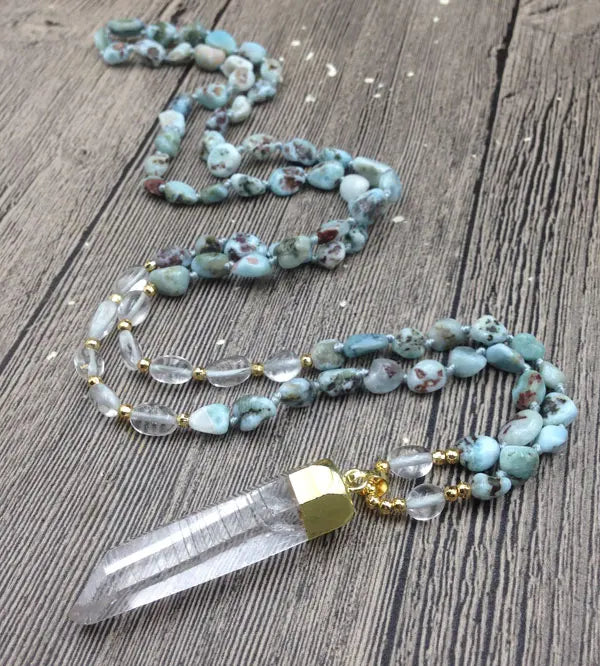 Rough Quartz Pendant Larimar Nuggets Stone Beads Knot Necklace