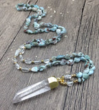 Rough Quartz Pendant Larimar Nuggets Stone Beads Knot Necklace