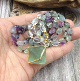 Natural Fluorite Octahedron Stone Pendant Necklace