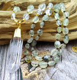 Natural Rough Quartz Point Pendant Prehnites Stone Chips Beads Knot Necklace