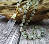 Natural Rough Quartz Point Pendant Prehnites Stone Chips Beads Knot Necklace