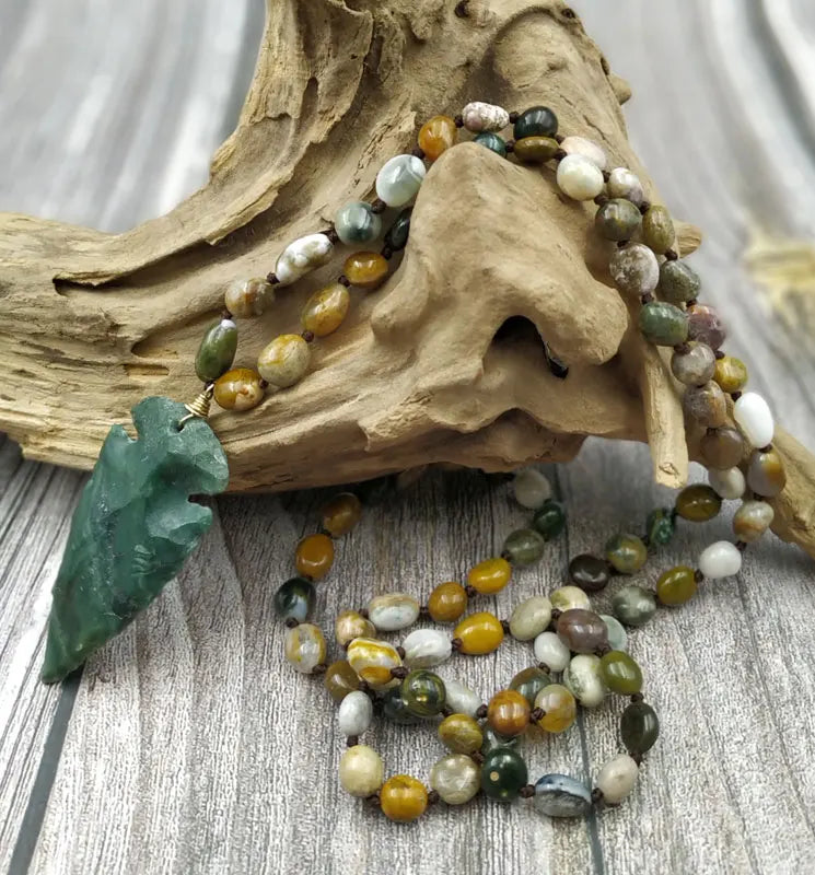 Natural Jaspers Arrow Pendant Ocean Beads Knot Necklace