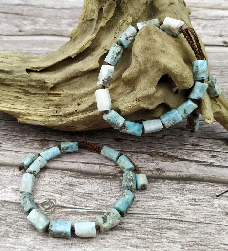 Natural Larimar Stone Column Beads Adjustable Bracelet