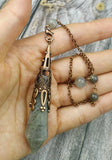 Antique Bronze Cap Labradorite Stone Point Healing Pendulum