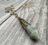 Antique Bronze Cap Labradorite Stone Point Healing Pendulum
