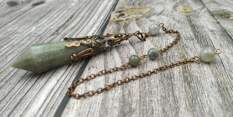 Antique Bronze Cap Labradorite Stone Point Healing Pendulum