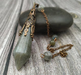 Antique Bronze Cap Labradorite Stone Point Healing Pendulum