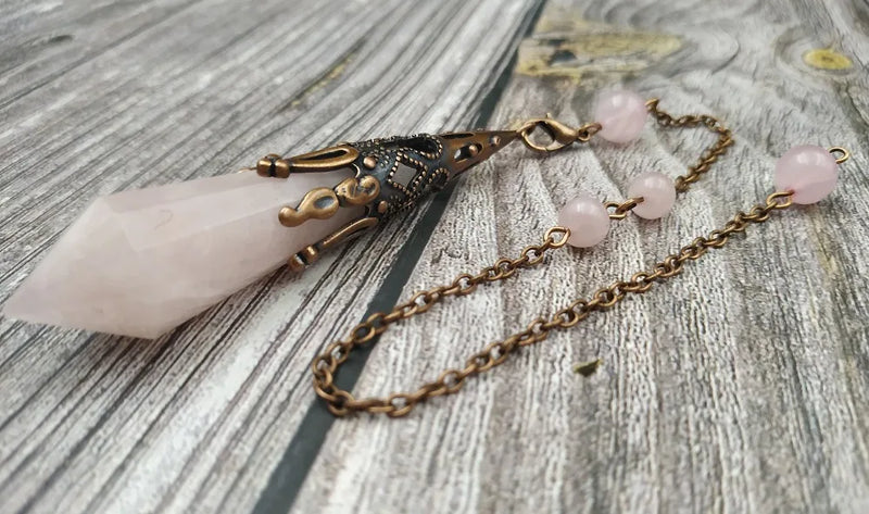 Antique Bronze Cap Rose Quartz Healing Pendulum Chain