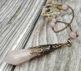 Antique Bronze Cap Rose Quartz Healing Pendulum Chain