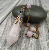 Antique Bronze Cap Rose Quartz Healing Pendulum Chain