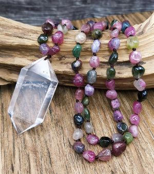 Natural Double Quartz Pendant Necklace with Tourmalines Chips Stone Beads