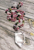 Natural Double Quartz Pendant Necklace with Tourmalines Chips Stone Beads