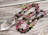 Natural Double Quartz Pendant Necklace with Tourmalines Chips Stone Beads