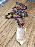 Natural Double Quartz Pendant Necklace with Tourmalines Chips Stone Beads