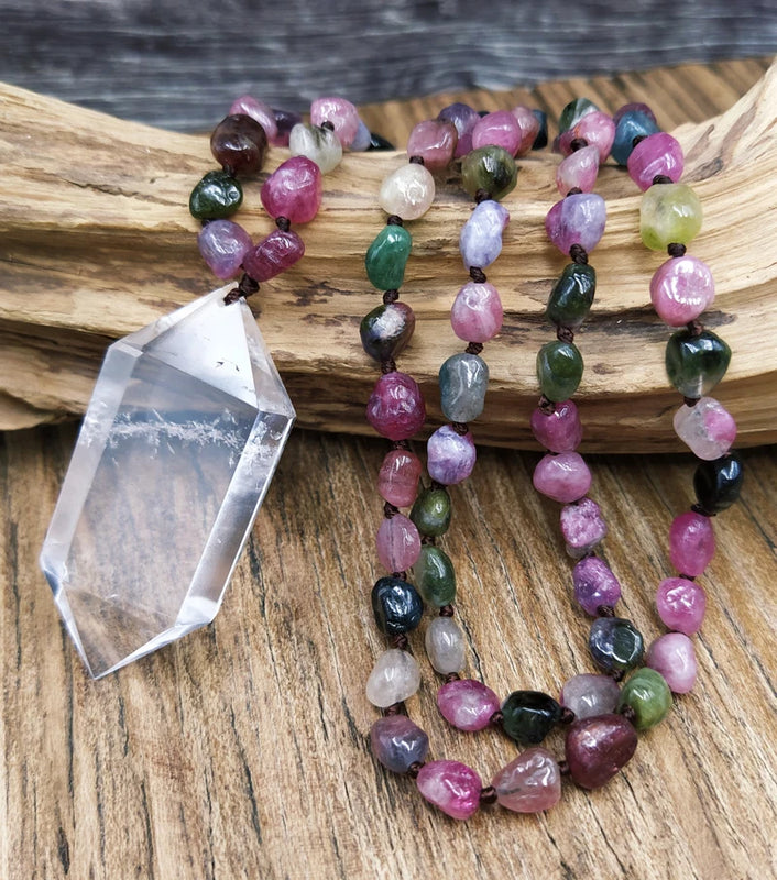 Natural Double Quartz Pendant Necklace with Tourmalines Chips Stone Beads
