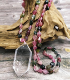 Natural Double Quartz Pendant Necklace with Tourmalines Chips Stone Beads