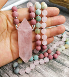 Double Rose Quartz Pendant Amazonite Beads Necklace