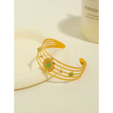 YACHAN 18K Plated Stainless Steel Cuff Bracelet Green Opal Texture Jewelry