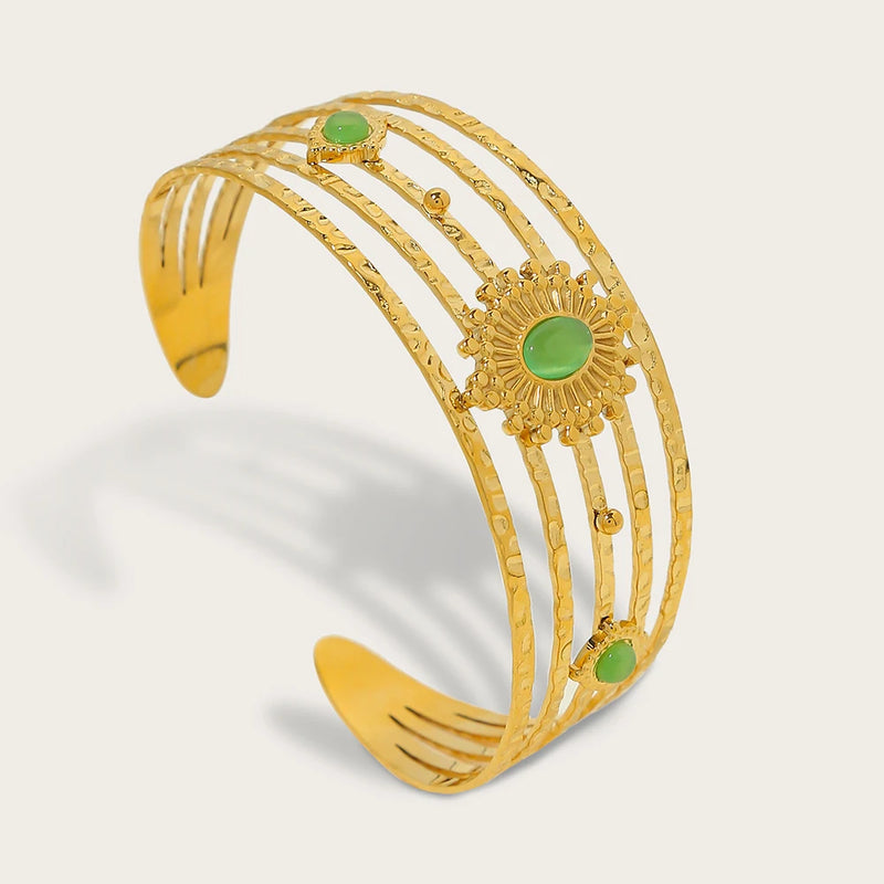 YACHAN 18K Plated Stainless Steel Cuff Bracelet Green Opal Texture Jewelry