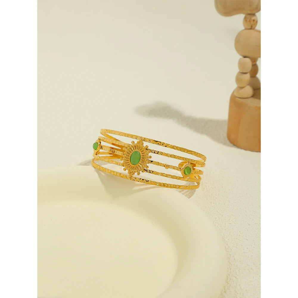 YACHAN 18K Plated Stainless Steel Cuff Bracelet Green Opal Texture Jewelry