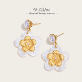 YACHAN 18K Plated Stainless Steel Drop Earrings Acrylic Flower Pearl Jewelry