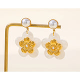 YACHAN 18K Plated Stainless Steel Drop Earrings Acrylic Flower Pearl Jewelry