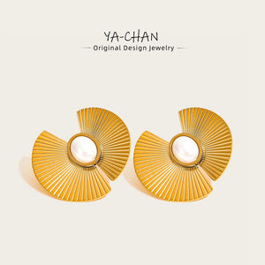 YACHAN Big Stud Earrings For Women Pearl Flowers Metal 18K Plated Jewelry