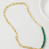 YACHAN Green Stone Beads Necklace Round Pendant Golden Chain Jewelry