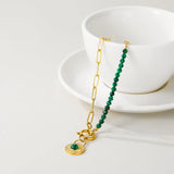 YACHAN Green Stone Beads Necklace Round Pendant Golden Chain Jewelry