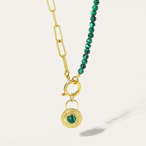 YACHAN Green Stone Beads Necklace Round Pendant Golden Chain Jewelry