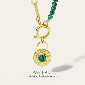 YACHAN Green Stone Beads Necklace Round Pendant Golden Chain Jewelry