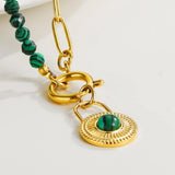 YACHAN Green Stone Beads Necklace Round Pendant Golden Chain Jewelry